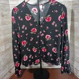 H&M Divided  Women's‎ Black & Red Floral Long Sleeve Blouse Size 4